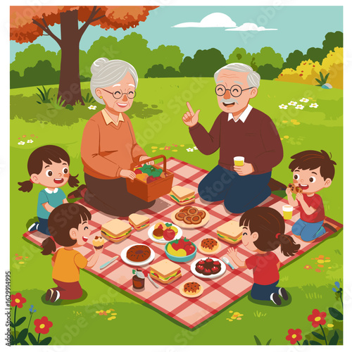 Happy Multi-Generational Family Picnic in a Park Illustration