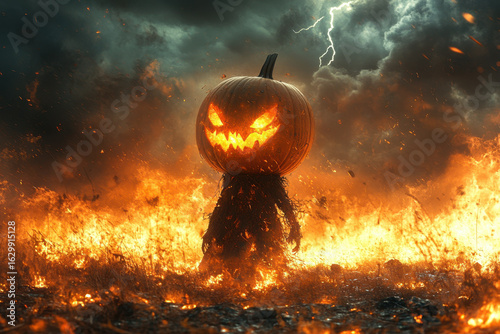 Pumpkin in field with lightning.