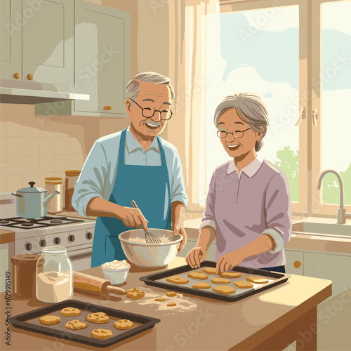 Smiling elderly Asian couple baking homemade cookies together in a sunlit kitchen, enjoying a sweet domestic moment.