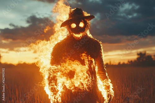 Man in fire suit standing in field.