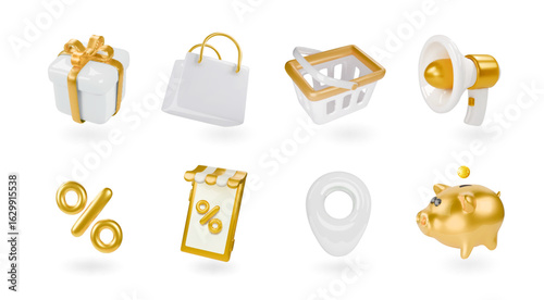 Online shop 3d render realistic vector icon set. Basket, loudspeaker, gift, promotion, piggy bank, percent sign, bonus, discounts. White and gold luxury color