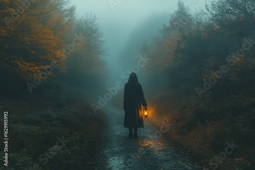 Person walking in woods.