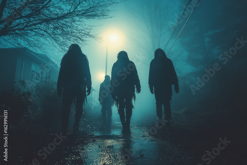 people walking down dark street at night.