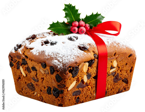 Classic Christmas Fruitcake with Red Ribbon and Holly Topper, Front View, Transparent PNG 