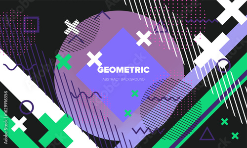 Abstract geometric background with a pattern of bold, colorful shapes and symbols. Perfect for presentation design.
