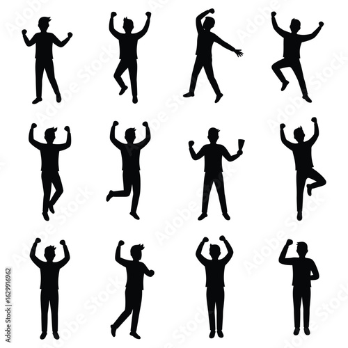 Collection of happy people silhouettes jumping and celebrating with arms raised