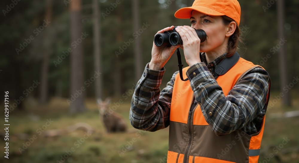 Fototapeta premium Woman wearing orange hunting gear using binoculars in forest 