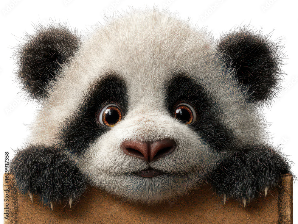 Obraz premium Adorable Baby Panda Cub Peeking from a Brown Cardboard Box A Cute Wildlife Image Perfect for Children's Books
