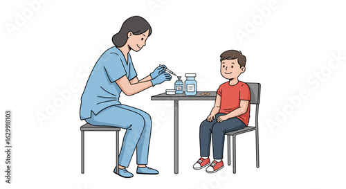 A caring female nurse prepares a vaccination syringe for a young boy sitting patiently during a routine healthcare appointment.