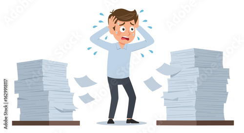 Stressed businessman overwhelmed by paperwork concept. Anxious office worker character concept illustration of burnout and deadline pressure.
