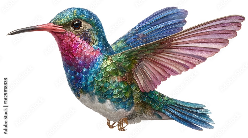 Obraz premium Vibrant Hummingbird in Flight with Isolated on White, and Detailed Illustration.