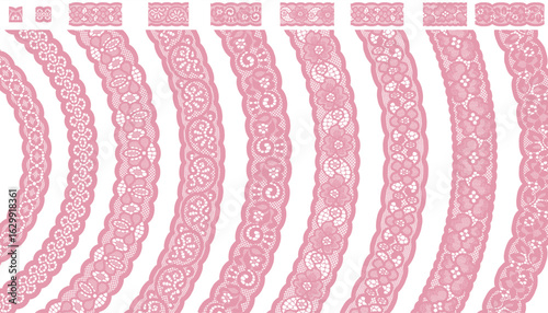 A set of nine pink lace trims with floral patterns, arranged in a bilaterally curved symmetrical layout.