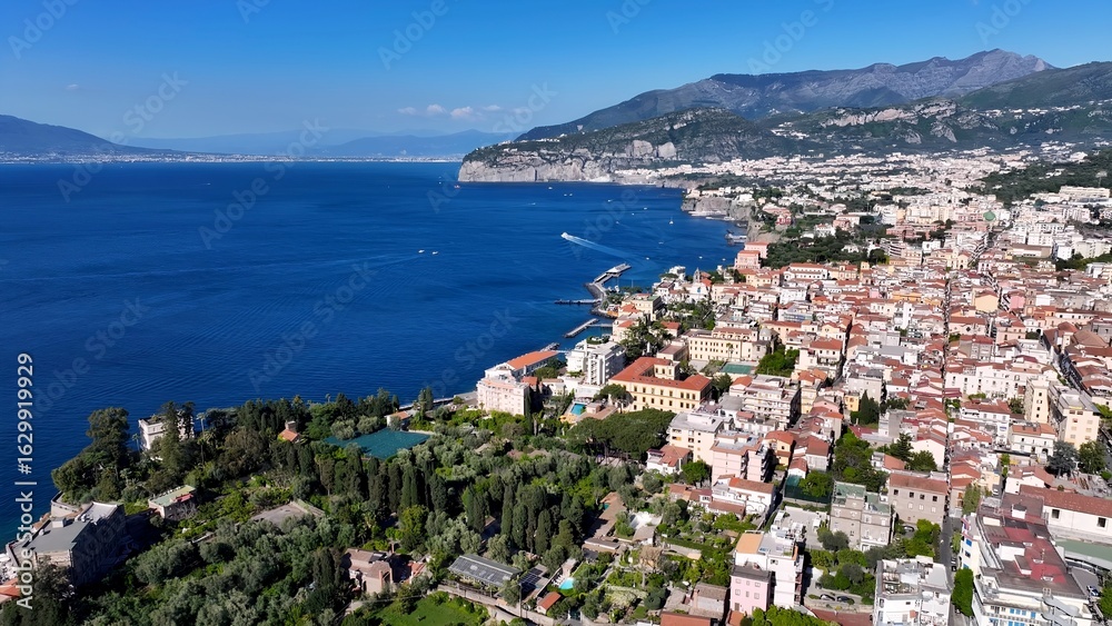 Naklejka premium Sorrento Skyline In Naples Campania Italy. Bustling Downtown Cityscape With Modern Buildings. Shore Clouds Sky Beach Sea. Seaside Panorama. Naples Campania.