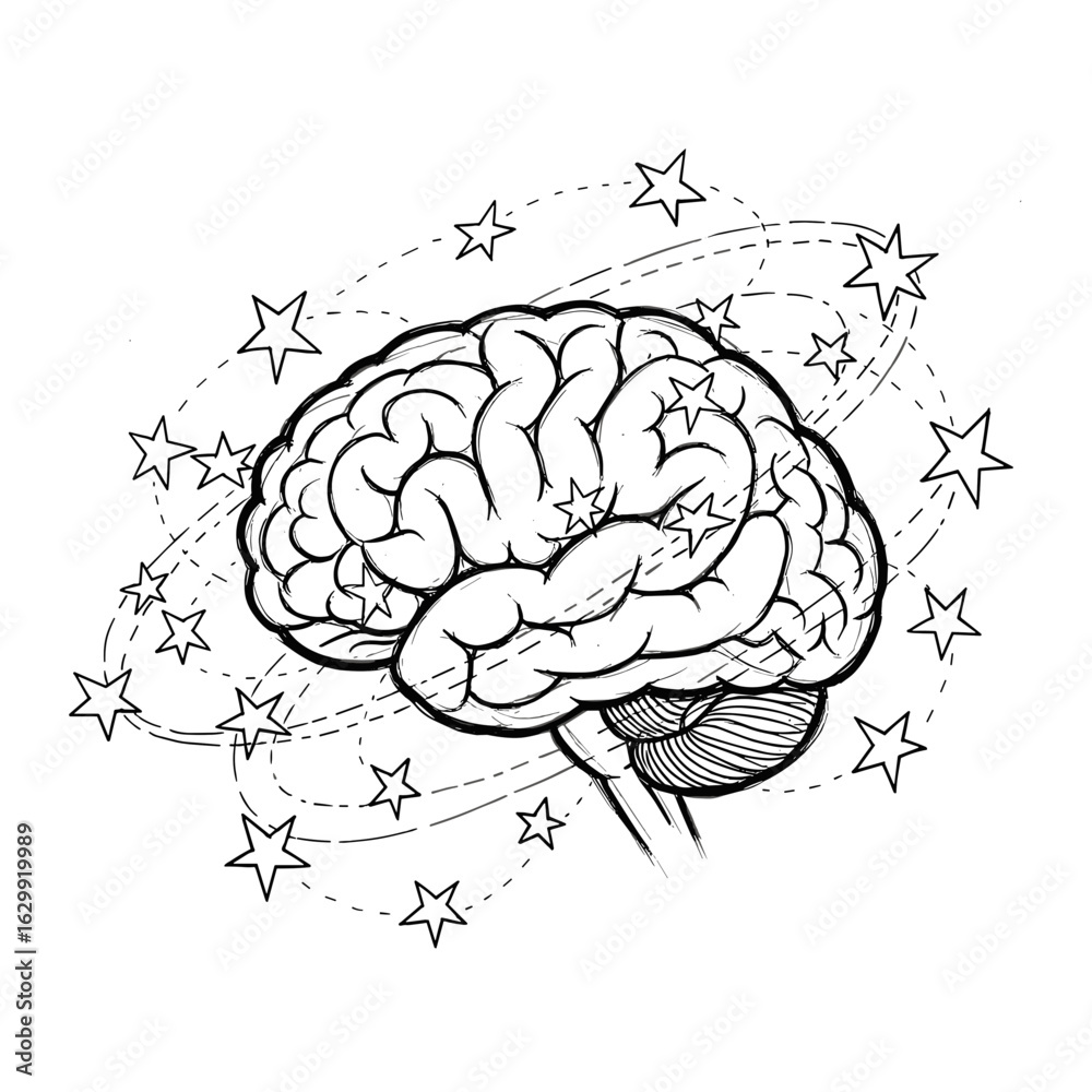 Fototapeta premium Brain illustration with stars and cosmic elements in black and white 