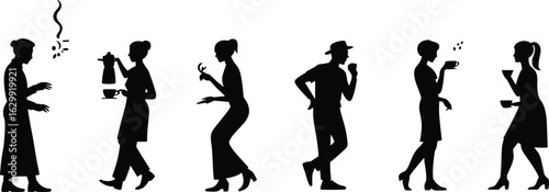 Silhouettes of people enjoying coffee, drinking tea, relaxing, casual lifestyle, socializing, cafe atmosphere, beverage moments, hot drinks, leisure, daily routine, coffee culture.eps