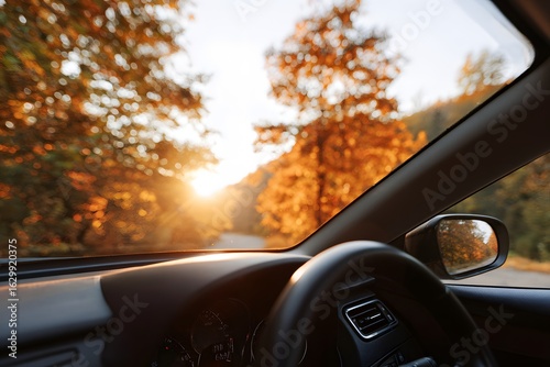 Fototapeta Naklejka Na Ścianę i Meble -  Sunset view through car windshield on fall foliage drive Generative AI