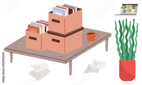 Wooden desk with stackable file boxes, scattered documents, red coffee mug, tall green houseplant in a pot, and a laptop displaying work screen. Ideal for organization, productivity, work-life