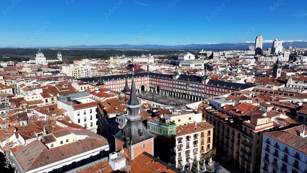 Fototapeta premium Madrid Skyline In Madrid Spain. Aerial View Of A High-Rise Buildings And Traffic Showcasing Urban Life. Business Sky Downtown Cityscape. Business Panning Wide. Madrid Spain.