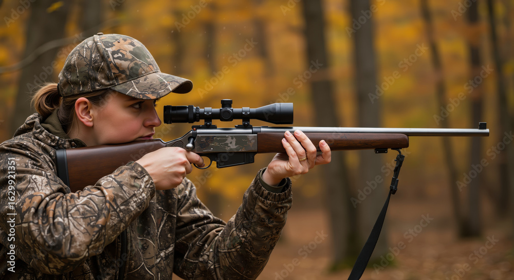 © Vyatcheslav - Woman aiming rifle while hunting in autumn forest