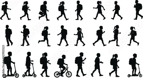 Silhouettes of school children walking, riding scooters and bicycles, back to school concept, kids commuting with backpacks, black vector figure.eps
