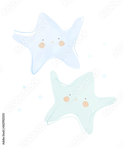 Two Smiling Starfish In Pastel Blue And Mint Blue Shine With Joy On A White Background. A Sweet And Simple Drawing For Young Kids. Underwater Fun And Friendship Of Two Giggling Starfish. 