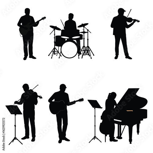 Silhouettes of a jazz band playing instruments on a white background