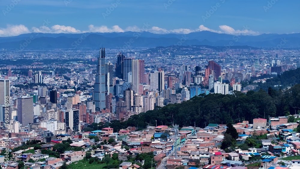 Naklejka premium Bogota Skyline In Bogota Cundinamarca Colombia. Capturing The Hustle And Bustle Of A Vibrant City From Above. Metropolitan Landscape Commercial Building Amazing. Commercial Building.