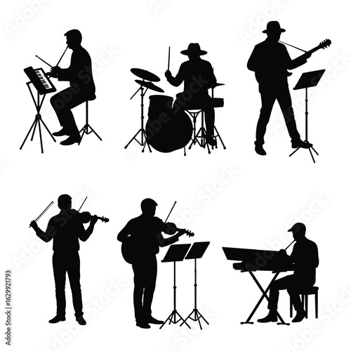 Silhouettes of a jazz band playing instruments on a white background