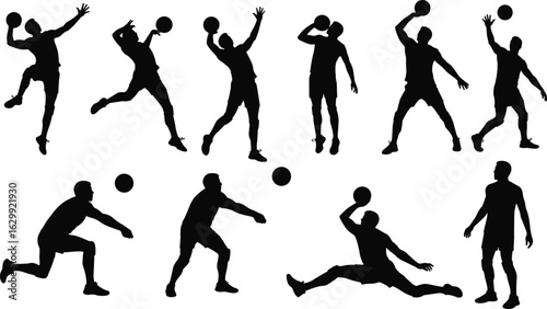 Silhouettes of volleyball players, jumping, serving, spiking, diving, athletic action, sports movement, team game, volleyball ball, isolated white backgroun.eps