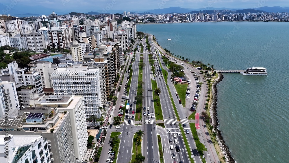 Obraz premium Florianopolis Skyline In Florianopolis Santa Catarina Brazil. Breathtaking Aerial View Of Busy Traffic In A Freeway Road. Industrial Landscape Buildings Stunning. Urban Buildings Town.