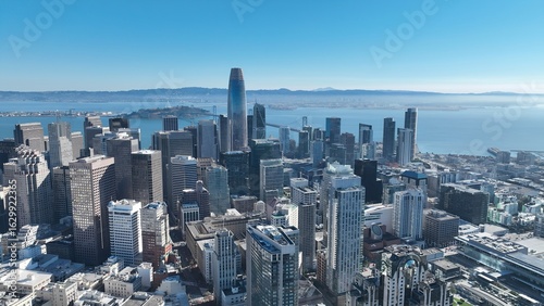 Coast City In San Francisco California United States. Aerial View Of A High-Rise Buildings And Traffic Showcasing Urban Life. Business Clouds Sky Downtown Cityscape. Backgrounds Panoramic.