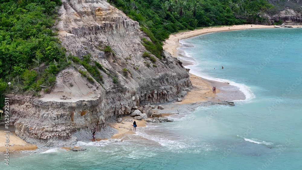 Obraz premium Scenic Cliffs In Porto Seguro Bahia Brazil. Dramatic Landscape Of Beautiful Canyons In The Tropical Scene. Coast Horizon Seaside Summertime. Seaside Beach Panning Wide. Porto Seguro Bahia.