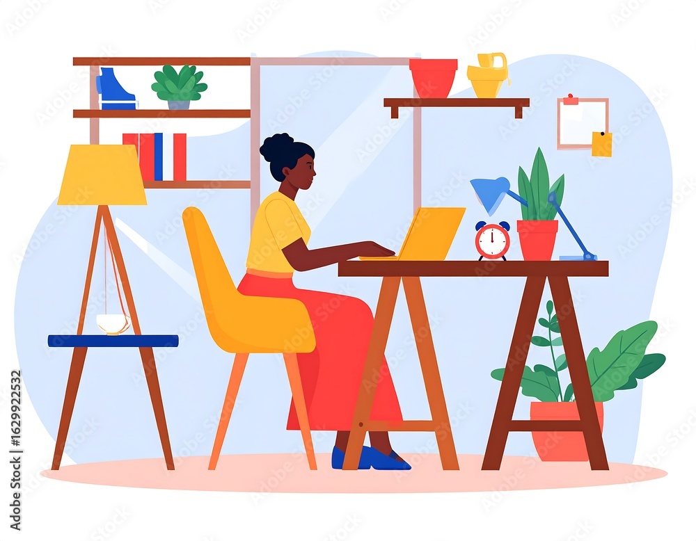 Fototapeta premium illustration of a dark-skinned woman with her hair in a bun working at a wooden desk with a laptop and a cup. The room has a bookshelf with books and decorations, a desk lamp, a window with an outside