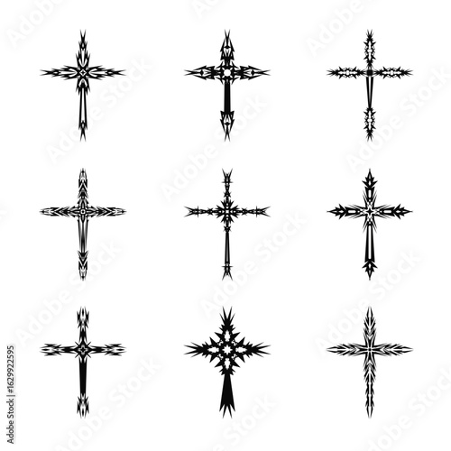 Christian cross vector icon symbols. Abstract christian religious belief or faith art illustration for orthodox or catholic design. The symbol of the cross in various designs used in tattoo.