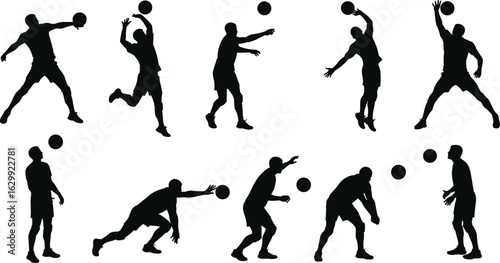  Volleyball players silhouette, jumping, spiking, serving, blocking, diving, hitting, team sport, dynamic action, athletic movements, ball game, isolated