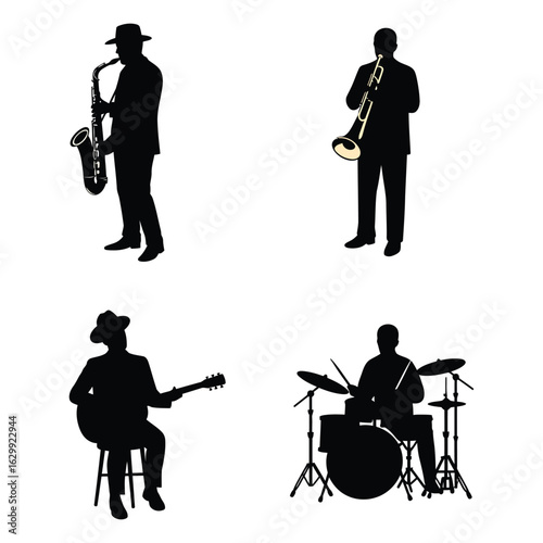 Silhouettes of a jazz band playing instruments on a white background