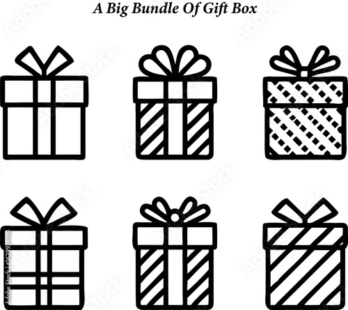 Collection of Six Black and White Gift Box Icons with Various Ribbon Designs