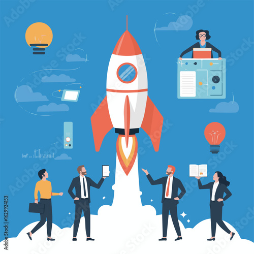 Illustration of a rocket launch with a team of people and various business related icons around it