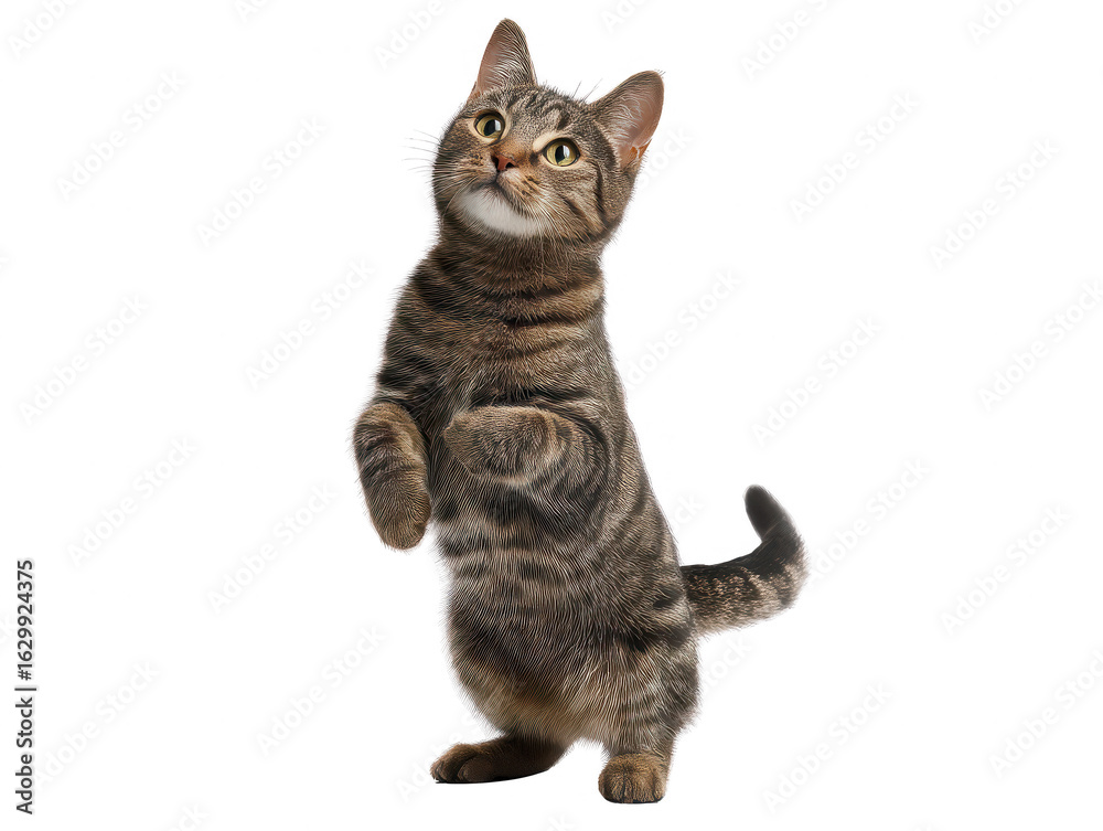 Fototapeta premium Adorable Tabby Cat Standing on Hind Legs Begging for Treat