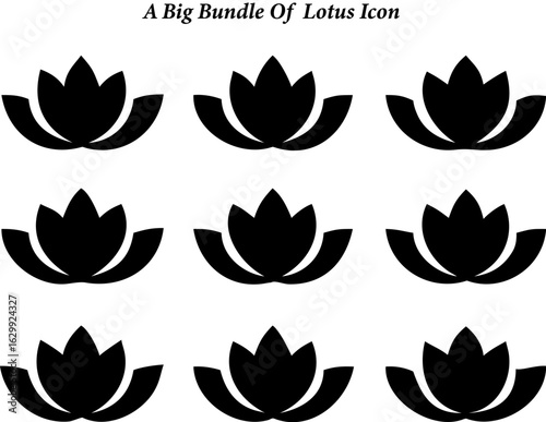 Nine Black Lotus Flower Icons Arranged in a Grid on a White Background