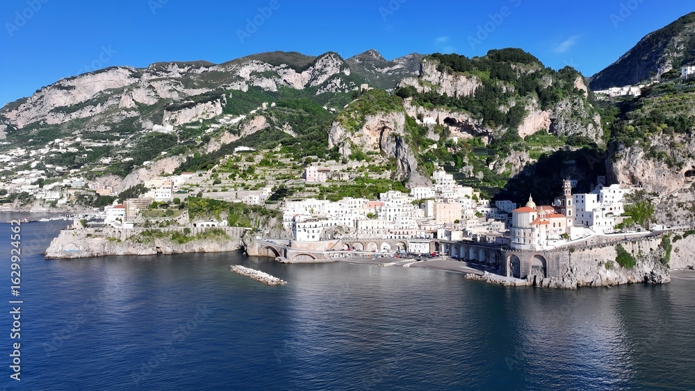 Fototapeta premium Amalfi Coast In Amalfi Salerno Italy. Birds Eye View Of Stunning Cityscape With Streets And Buildings. Deserted Landscape Peaceful Amazing. Peaceful. Amalfi Salerno.