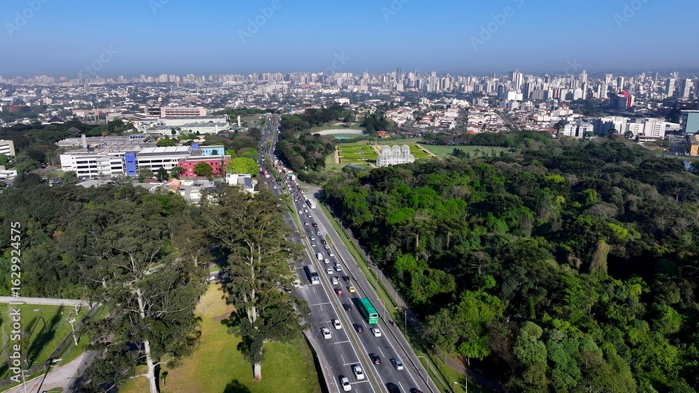 Fototapeta premium Curitiba Skyline In Curitiba Parana Brazil. Drone Capturing The Beauty Square In The Center Of City. Metropolitan Skyline Panoramic City View Stunning. Metropolitan Architecture Business.