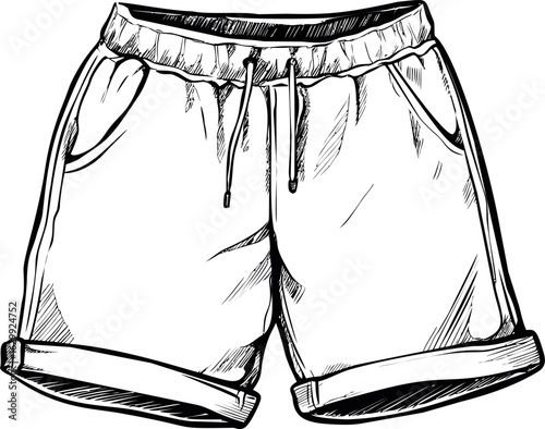 Black and white drawing of casual drawstring shorts, fashion. Vector illustration