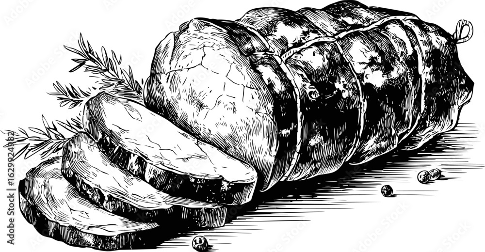 Fototapeta premium Black and white illustration of sliced rolled roast with herbs. Vector sketch illustration