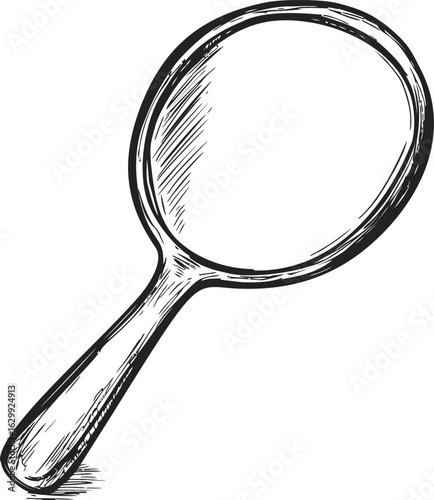 Hand-drawn illustration of a magnifying glass sketched in black and white. Vector illustration