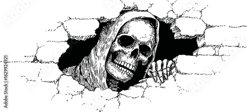 Grinning skull with hood peeks through cracked brick wall line art drawing. Vector illustration