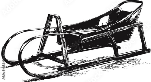 Vintage black and white illustration of a wooden sled, classic winter transport sketch. Vector illustration