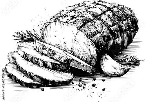Illustration of sliced roast beef with garnish in black and white sketch style. Vector illustration