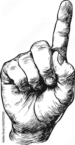 Hand drawn sketch of pointing finger with detailed lines and shading. Vector illustration
