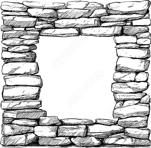 Hand-drawn sketch of stacked stone archway with rustic texture. Vector illustration